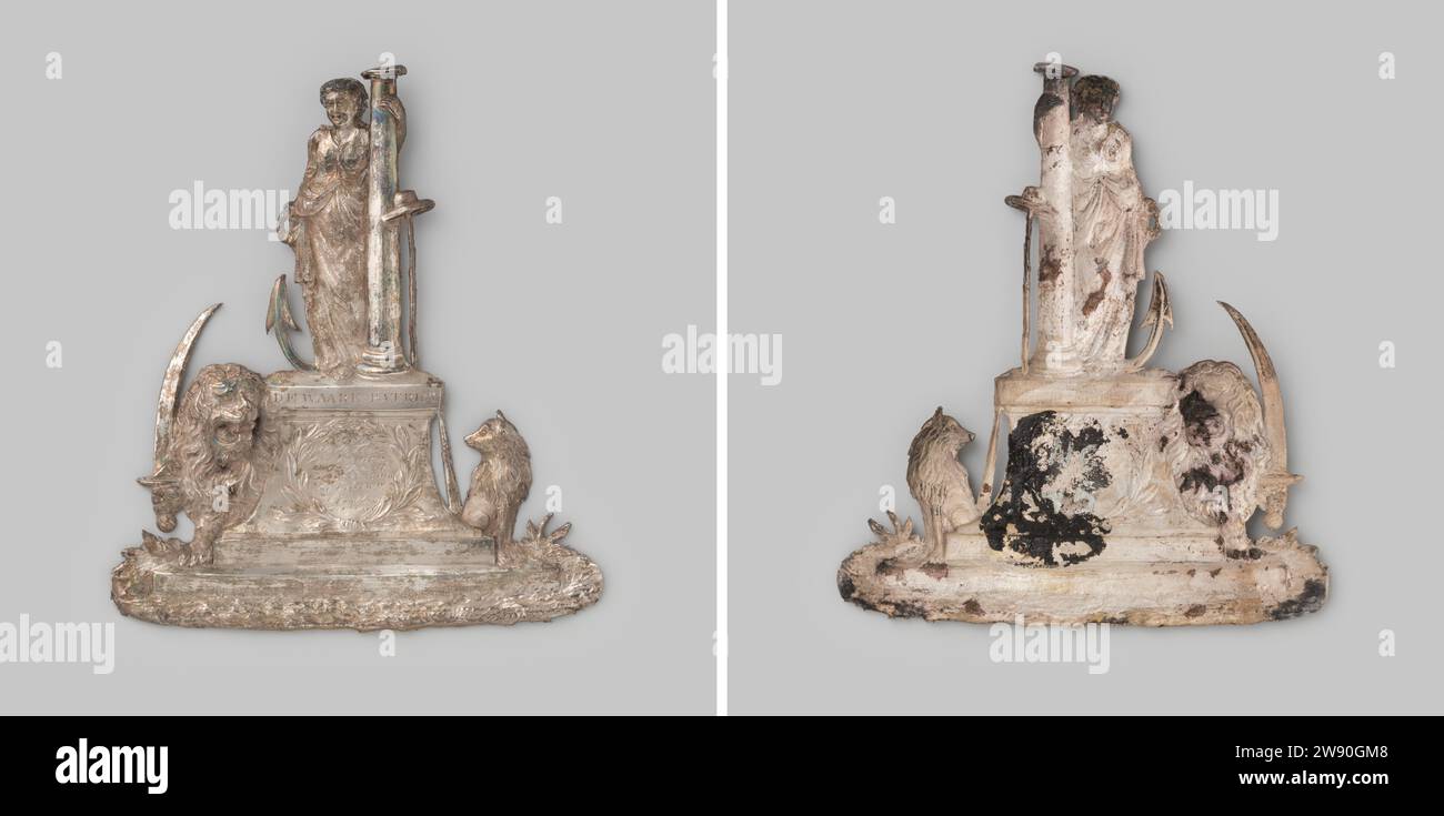 De Waare Patriot, Anonimo, 1784 - 1787 il vero patriota, targa unilaterale. Parte anteriore: In piedi sul piedistallo regge una donna che rappresenta la speranza, bloccata con la mano destra dietro l'ancora in piedi e ha colpito la sinistra accanto alla colonna in piedi, contro la quale poggiano i cappelli per la libertà su Speer; a sinistra del leone del piedistallo con la spada tirata, seduta sul cane seduto destro; sulla base: iscrizione, su piedistallo: iscrizione all'interno di Eikekrans. Inverso: Blanco. Incisione in argento olandese (metallo) Foto Stock