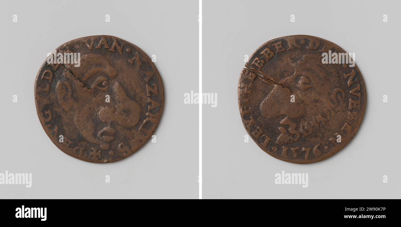 Nosezengilde, Anonymous, 1576 Live Copper Medal. Parte anteriore: Ritratto dell'uomo con naso corto e spesso all'interno. Inverso: Ritratto dell'uomo con barba ad anello e naso grosso e storto all'interno di Change Belgio (forse) rame (metallo) che colpisce (lavorazione dei metalli) Foto Stock