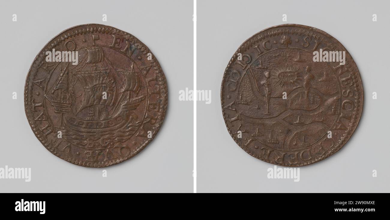 Il viaggio da Admiraal van der fa per le Isole Canarie, Anonymous, medaglia di rame live del 1599. Fronte: Nave Argo; in randa: Nome Jehovah nella scrittura ebraica all'interno di Kischruiz. Lato negativo: mappa dell'area intorno a Zaltbommel e Tiel; poi due immagini, tra le quali il nome di Geova è scritto nella scrittura ebraica in Stralenkrans all'interno di Kischrift Dordrecht rame (metallo) che colpisce (lavorazione dei metalli) le Isole Canarie. Zaltbommel. Tiel Foto Stock