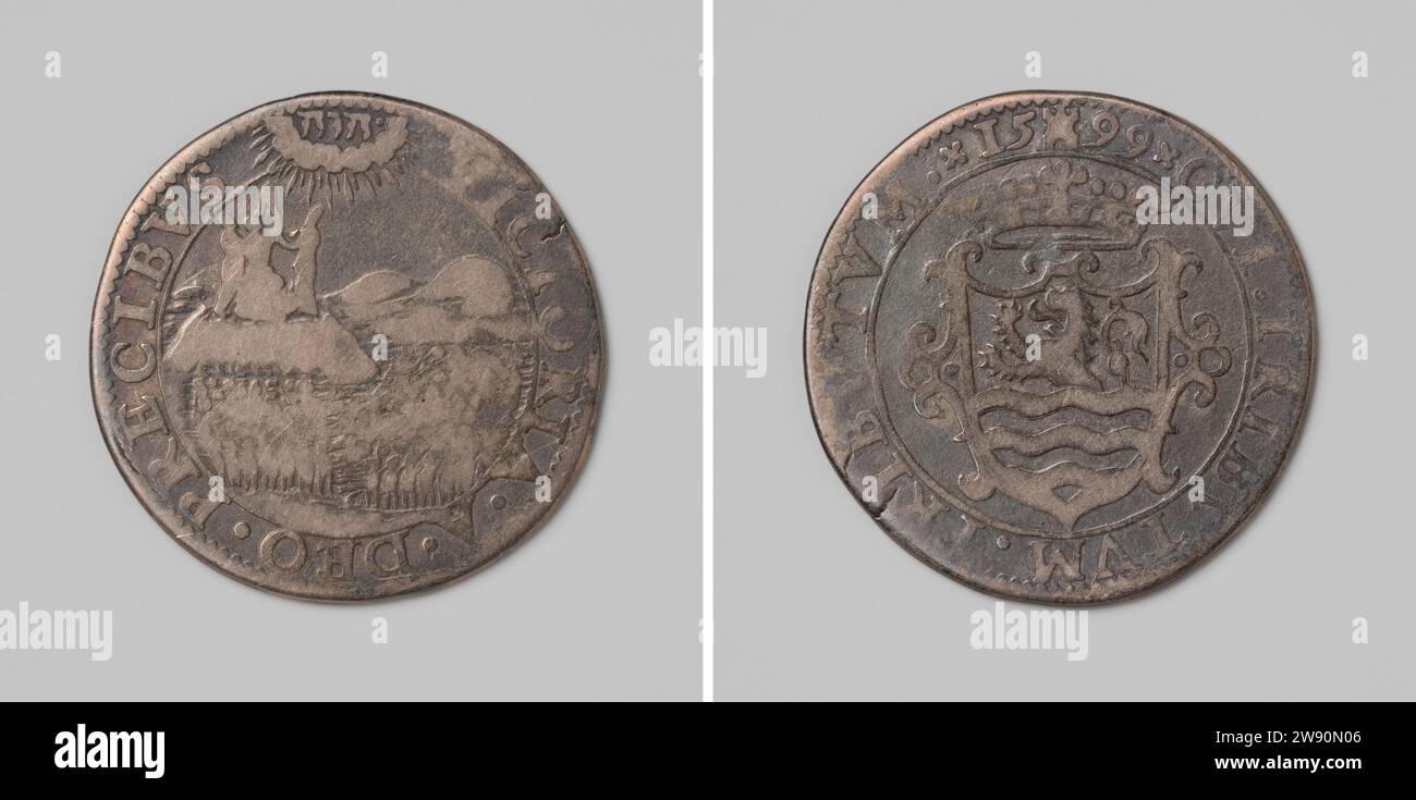 Allegoria sulla difesa del Bommeler e del Tielerwaard da parte di Maurits, conte di Nassau, anonimo, medaglia d'argento live del 1599. Fronte: Sfollati da nuvole radiose, in cui il nome Geova è scritto nella scrittura ebraica, ci sono tre uomini su Heuvel, che rappresentano Mosè, assistito dall'aiuto di Aronne e Hur Dio contro l'esercito di Amalek Afsmekt; in primo piano due eserciti in guerra. Lato tour: Stemma coronato a Cartouche all'interno copertina Middelburg argento (metallo) impressionante (lavorazione dei metalli) Zelanda. Zaltbommel. Tiel Foto Stock Allegoria sulla difesa del Bommeler e del Tielerwaard da parte di Maurits, conte di Nassau, anonimo, medaglia d'argento live del 1599. Fronte: Sfollati da nuvole radiose, in cui il nome Geova è scritto nella scrittura ebraica, ci sono tre uomini su Heuvel, che rappresentano Mosè, assistito dall'aiuto di Aronne e Hur Dio contro l'esercito di Amalek Afsmekt; in primo piano due eserciti in guerra. Lato tour: Stemma coronato a Cartouche all'interno copertina Middelburg argento (metallo) impressionante (lavorazione dei metalli) Zelanda. Zaltbommel. Tiel Foto Stock