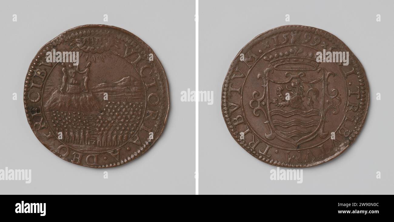 Allegoria sulla difesa del Bommeler e del Tielerwaard da parte di Maurits, conte di Nassau, Staten van Zeeland, 1599 live Copper Medal. Fronte: Sfollati da nuvole radiose, in cui il nome Geova è scritto nella scrittura ebraica, ci sono tre uomini su Heuvel, che rappresentano Mosè, assistito dall'aiuto di Aronne e Hur Dio contro l'esercito di Amalek Afsmekt; in primo piano due eserciti in guerra. Lato tour: Stemma coronato a Cartouche all'interno copre Middelburg rame (metallo) che colpisce (lavorazione dei metalli) Zelanda. Zaltbommel. Tiel Foto Stock Allegoria sulla difesa del Bommeler e del Tielerwaard da parte di Maurits, conte di Nassau, Staten van Zeeland, 1599 live Copper Medal. Fronte: Sfollati da nuvole radiose, in cui il nome Geova è scritto nella scrittura ebraica, ci sono tre uomini su Heuvel, che rappresentano Mosè, assistito dall'aiuto di Aronne e Hur Dio contro l'esercito di Amalek Afsmekt; in primo piano due eserciti in guerra. Lato tour: Stemma coronato a Cartouche all'interno copre Middelburg rame (metallo) che colpisce (lavorazione dei metalli) Zelanda. Zaltbommel. Tiel Foto Stock