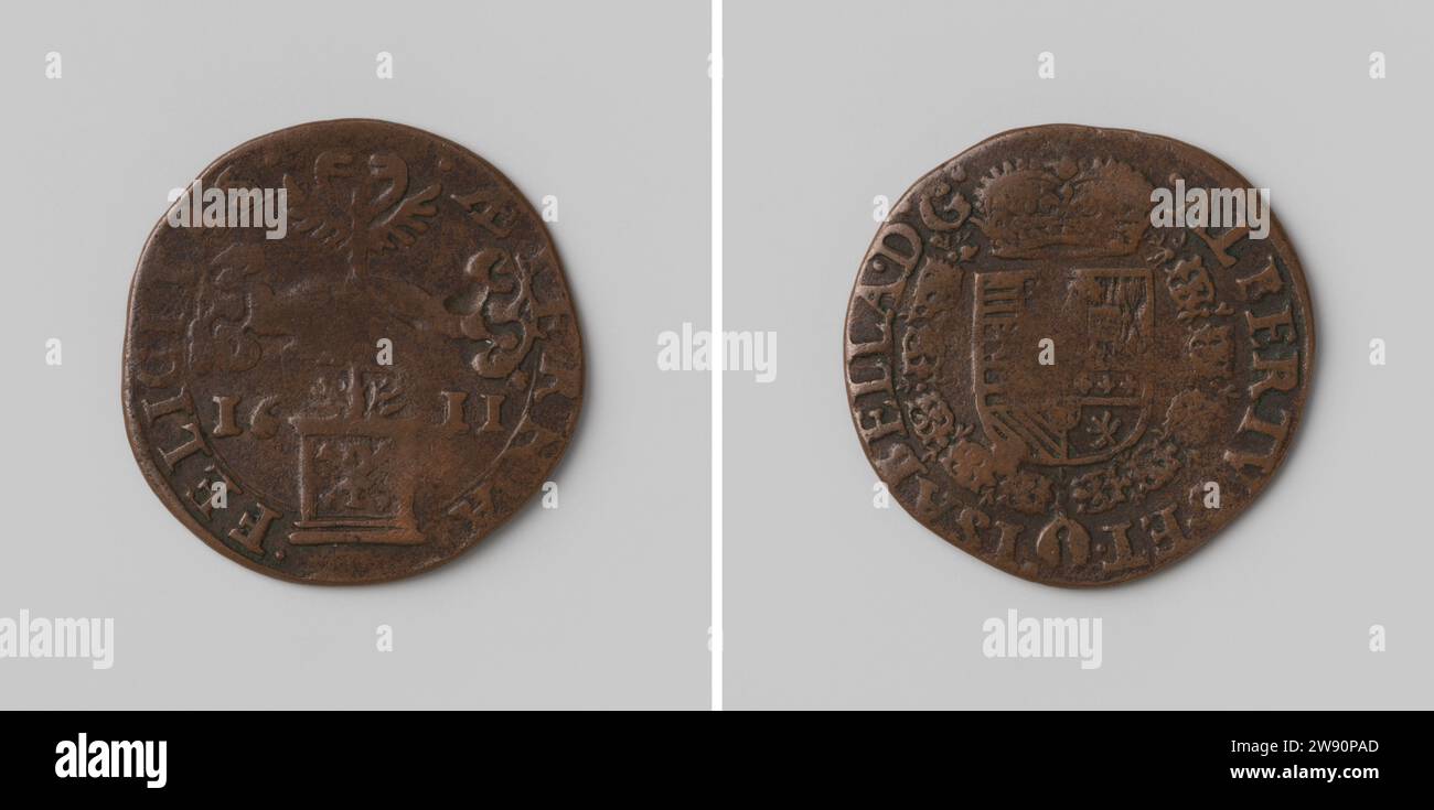 Buon Consiglio di amministrazione di Albrecht e Isabella van Austria, Anonymous, medaglia di rame dal vivo 1611. Fronte: Due mani collassate tengono insieme il personale di Mercury sopra l'altare, di cui il monogramma Basic XP porta tra l'anno all'interno di Verdijs. Rovescio: Stemma coronato, appeso con l'ordine del vello d'oro all'interno della copertura belga rame (metallo) percussione (lavorazione dei metalli) Foto Stock