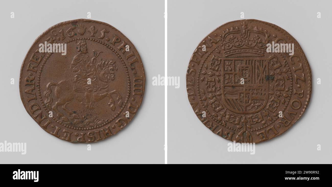 Filippo IV, Re di Spagna, Penalismo matematico preso dal Consiglio delle Finanze, Anonymous, 1645 Live Copper Medal. Fronte: Cavaliere a cavallo con il personale di comando in mano all'interno. Rovescio: Stemma coronato, appeso con l'ordine del vello d'oro all'interno della copertura del rame di Anversa (metallo) che colpisce (lavorazione dei metalli) Foto Stock