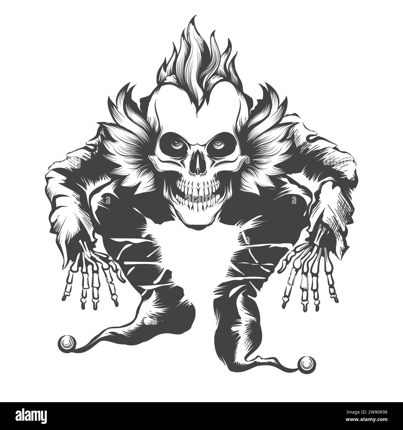 Tatuaggio per incisioni disegnato a mano di Bunchy Evil Clown teschio isolato su sfondo bianco illustrazione vettoriale. Non è stata utilizzata alcuna IA. Illustrazione Vettoriale