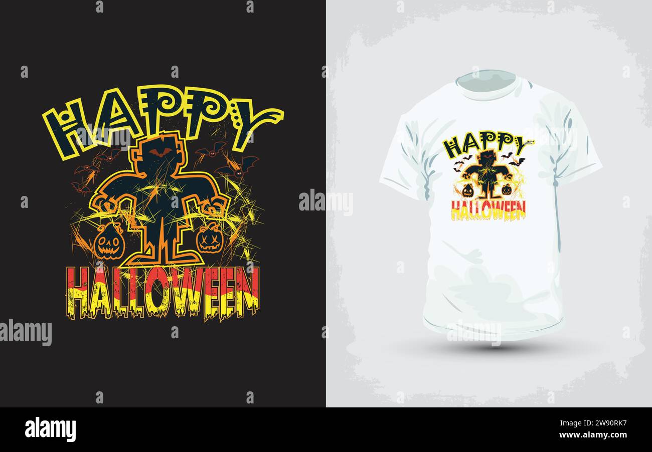 T-shirt Happy Pumpkins Halloween. Speciale T-shirt di Halloween colorata con il tradizionale design arancione delle zucche. Illustrazione Vettoriale