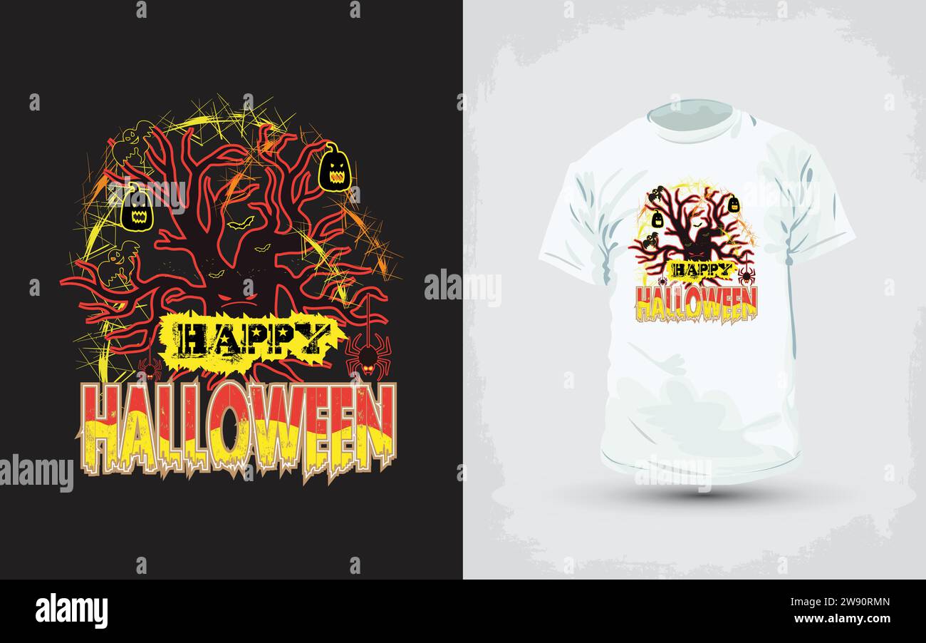 T-shirt Happy Pumpkins Halloween. Speciale T-shirt di Halloween colorata con il tradizionale design arancione delle zucche. Illustrazione Vettoriale