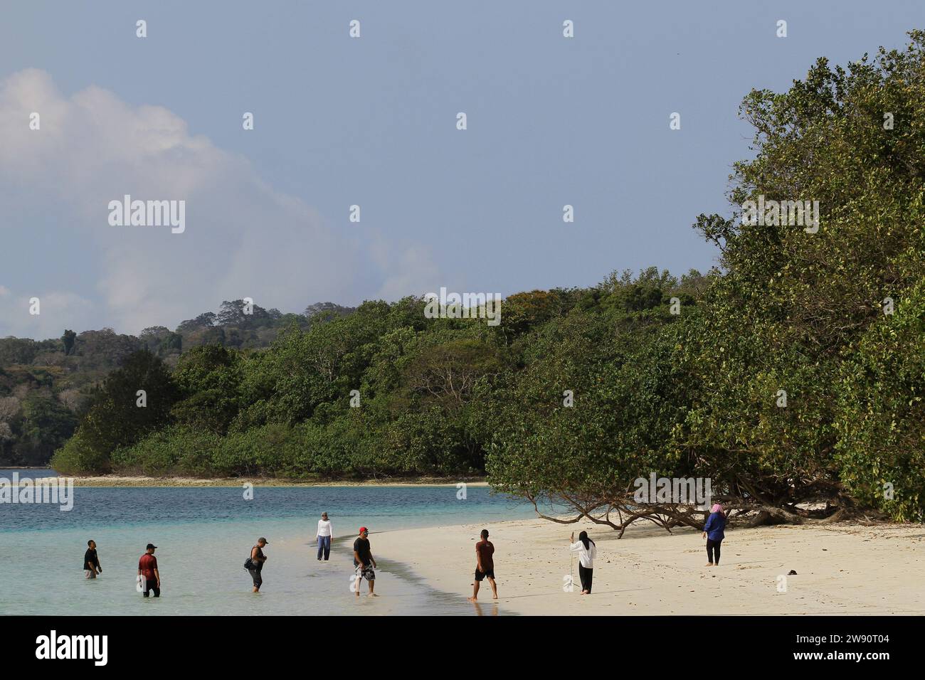 Pandeglang, Banten, Indonesia. 23 dicembre 2023. La gente visita l'isola di Peucang, che è un sito patrimonio dell'umanità dell'UNESCO nel Parco Nazionale di Ujung Kulon, nel distretto di Sumur. (Immagine di credito: © Angga Budhiyanto/ZUMA Press Wire) SOLO USO EDITORIALE! Non per USO commerciale! Foto Stock