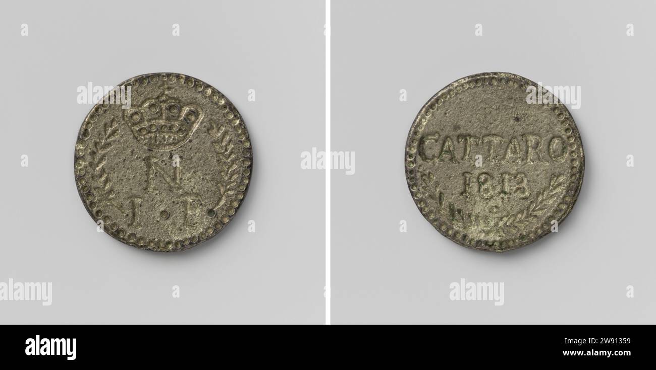 Franco, moneta di emergenza di Cattaro, battuto dai francesi durante l'assedio, Anonimo, moneta del 1813. Fronte moneta d'assedio: Lettera n coronata sopra l'indicazione del valore tra due rami di alloro. Rovescio: Iscrizione sopra due rami di alloro incrociati; su Kant Brand: Lettera P Cattaro argento (metallo) a percussione (lavorazione dei metalli) Cattaro Foto Stock