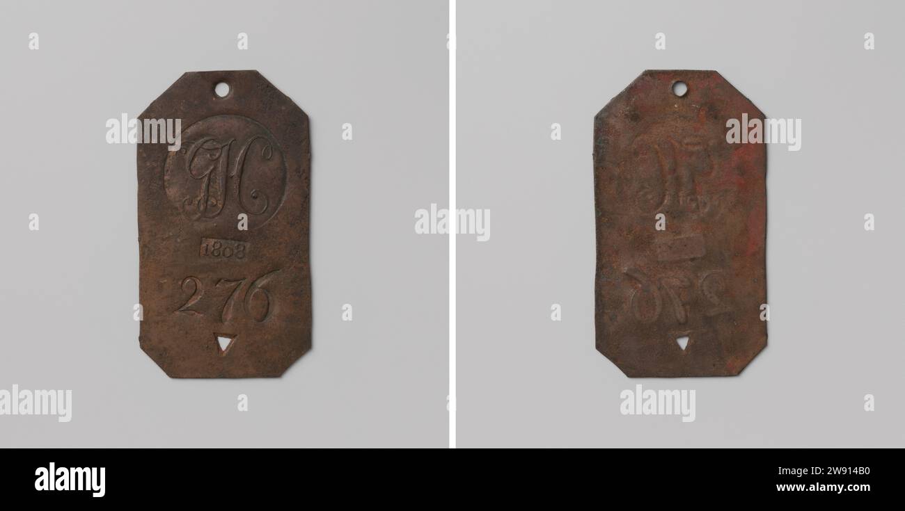 Geefhuis in 's-Hertogenbosch, piombo con no 276, anonimo, 1808 piombo rettangolare su un lato con angoli smussati, foro e piccola cavità triangolare. Fronte: Tre francobolli posti uno sopra l'altro: In caratteri rotondi gh; sotto tale scomparto con l'anno, sopra la figura 276. Lati negativi: Blanco il rame Bosch (metallo) colpisce (lavorazione dei metalli) il Bosch Foto Stock