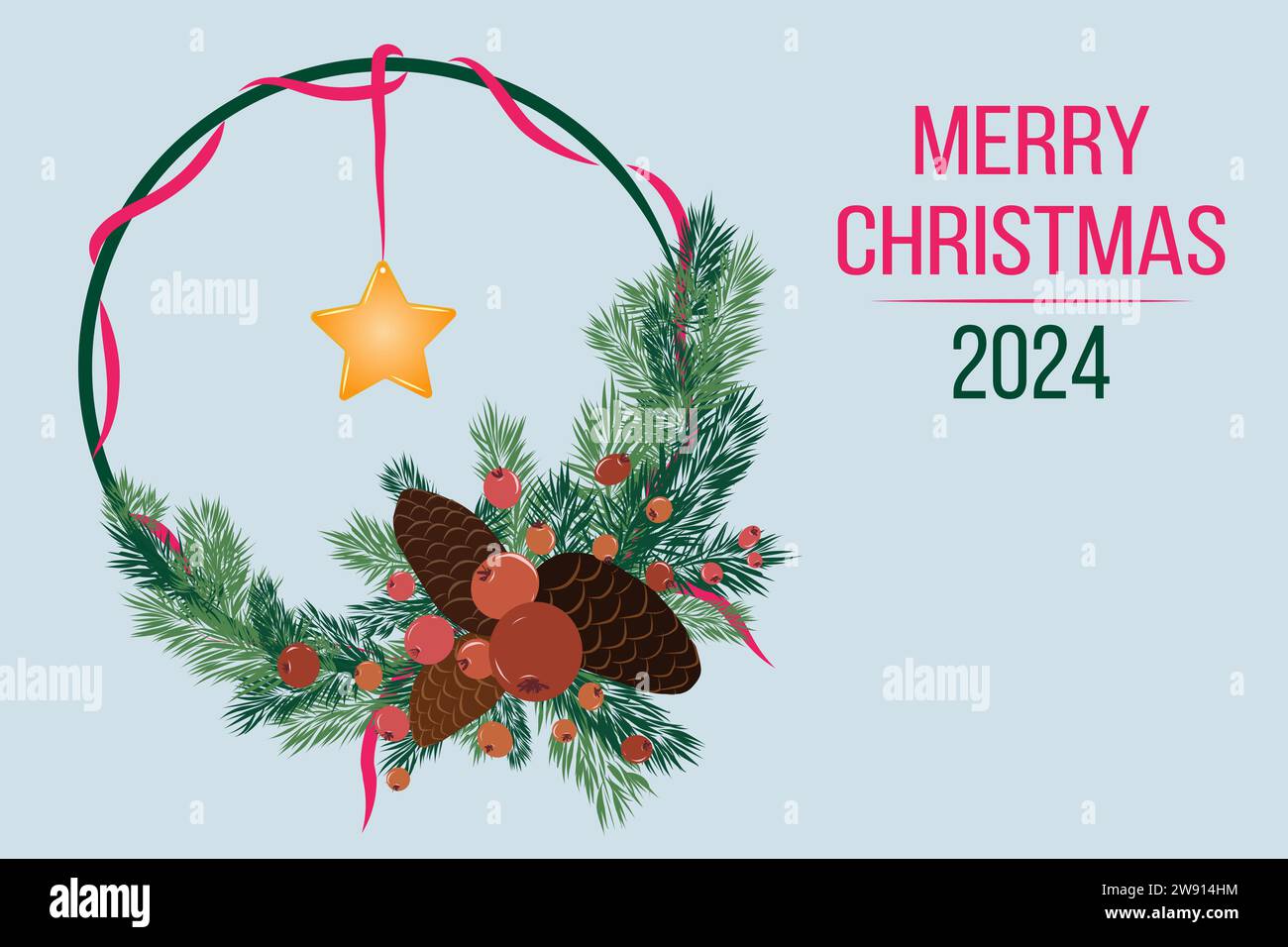 Biglietto d'auguri natalizio con corona di abete rosso con nastro rosso con stella, bacche rosse brillanti e coni marroni. Testo. Orizzontale. Vettore Illustrazione Vettoriale