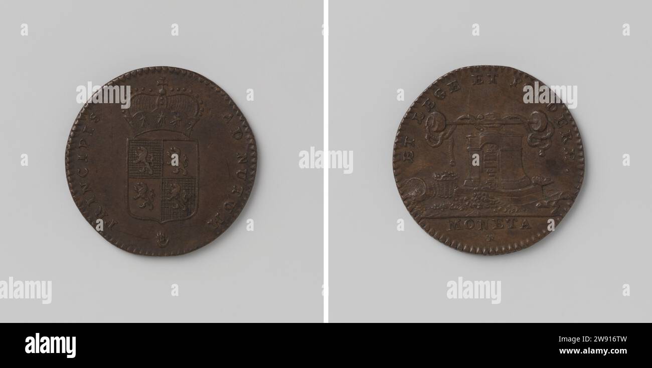 Prova della moneta van Antwerpen, Jacques Roëttiers (II), 1756 - 1767 Medaglia di rame dal vivo. Parte anteriore: Stemma coronato all'interno del coperchio. Retro: Balenieri copertina interna; taglio: Iscrizione sopra la firma Anversa rame (metallo) a percussione (lavorazione dei metalli) Anversa Foto Stock