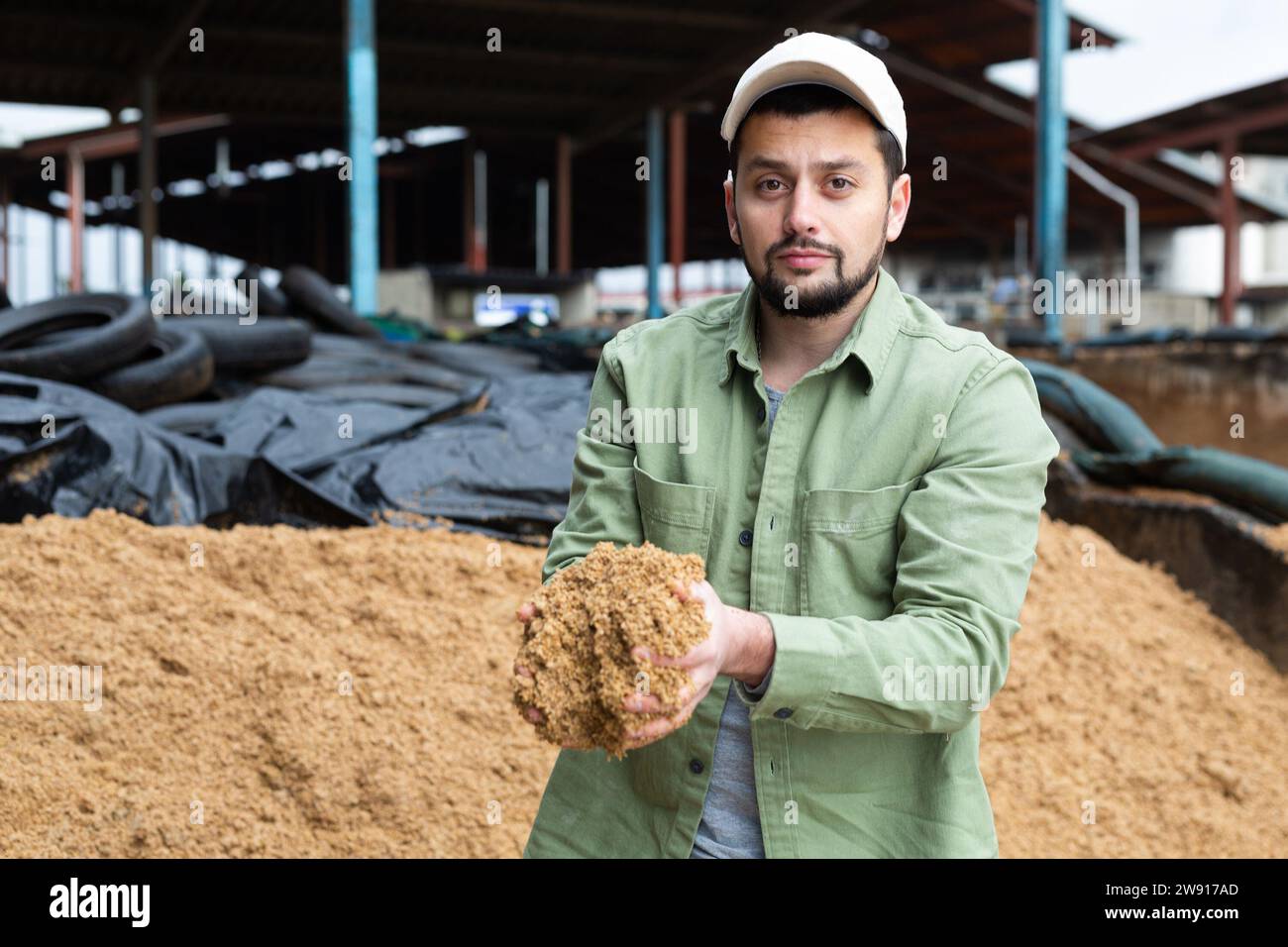 Giovane agricoltore che controlla la qualità dei birrifici ha speso i cereali in ammasso aperto Foto Stock