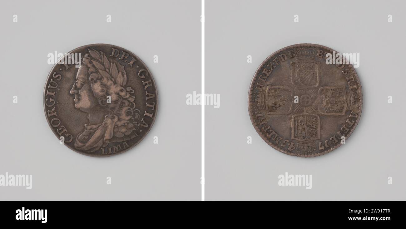 Scellino, Giorgio II, re d'Inghilterra, Shilling batté dall'argento, Anonymous, 1745 per la moneta Lima Silver Shilling. Parte anteriore: Uomo petto con corona di alloro all'interno del cambio. Rovescio: Quattro stemmi coronati; al centro: Segno distintivo all'interno di Kerschrift. Argento inglese (metallo) colpisce (lavorazione dei metalli) Lima Foto Stock