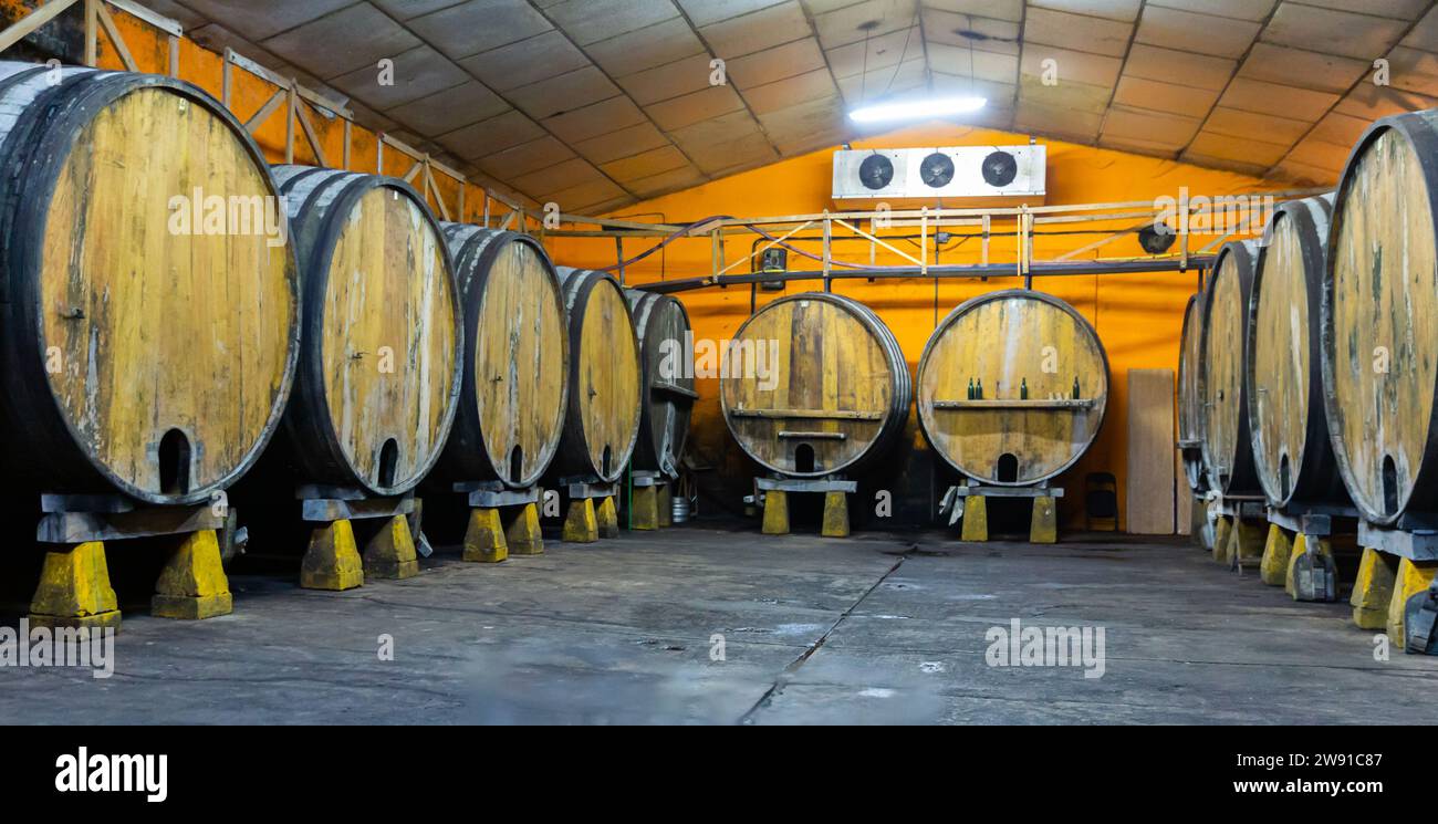 Botti di sidro nella Sidreria asturiana Foto Stock