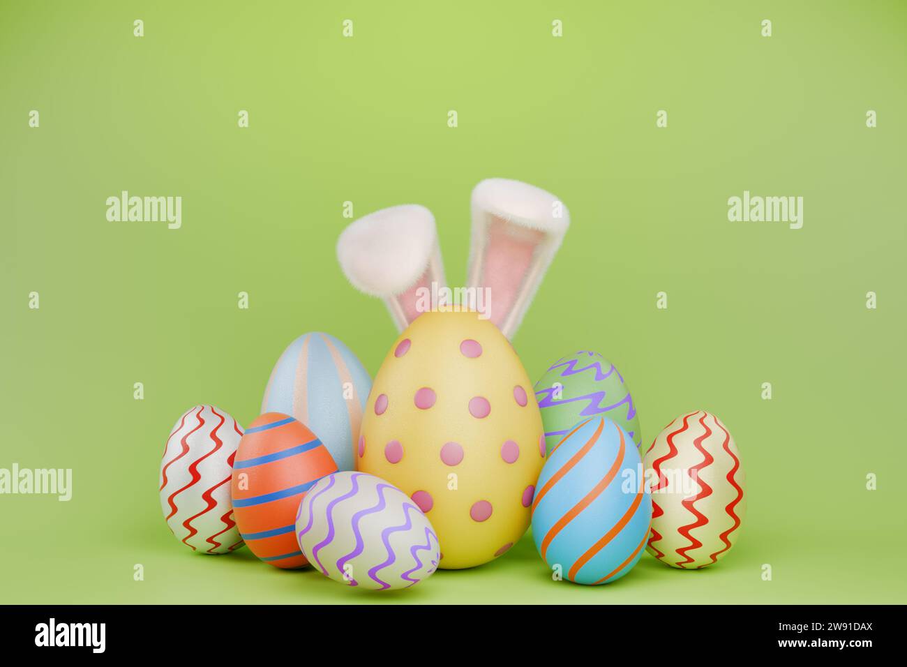 Orecchie di coniglio con uova colorate di Pasqua. Rendering 3D. Foto Stock