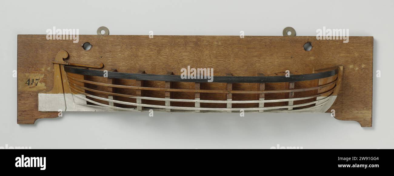 Half Model of a Gunboat, Anonymous, c. 1792 Ship Model. modello a metà. Modello da costruzione modello di stampo policromato (tribordo) di fondo piatto. Poppa appuntita, timone largo con timone sopra il ponte. Lo Zeeg è quasi piatto, un barkhout. Questa barca di canoni a gaffel aveva un pezzo davanti. Amsterdam (possibilmente) legno (materiale vegetale) Amsterdam Foto Stock