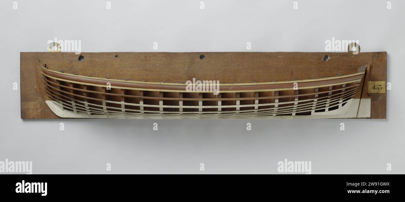 Half Model of a Launch, Anonymous, 1780 - 1820 Ship Model. modello a metà. Modello costruttore modello di stampo policromato (porta) di uno sloop. Specchio piatto con asse trasversale; timone largo con timone. Lo Zeeg si innalza su entrambe le estremità, un barkhout; chiglia impilata Hol. Ha raggiunto il picco. Legno olandese (materiale vegetale) Foto Stock