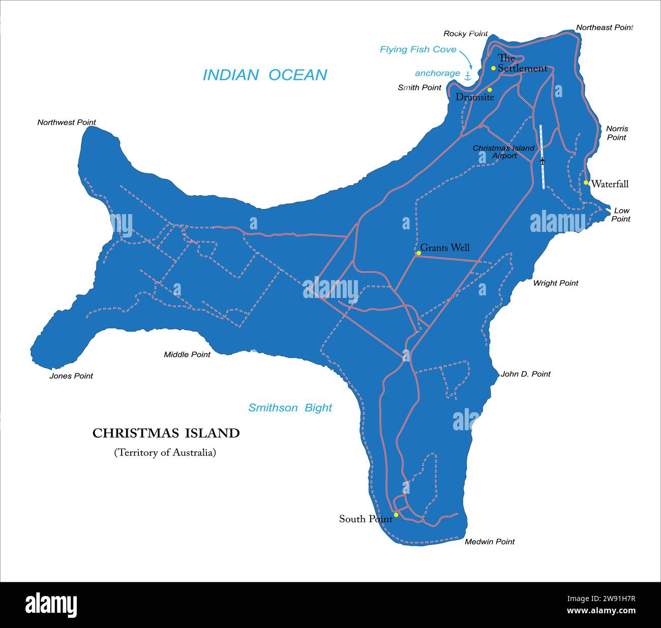 Mappa vettoriale politica altamente dettagliata dell'isola di Natale con le regioni amministrative e le principali città. Illustrazione Vettoriale