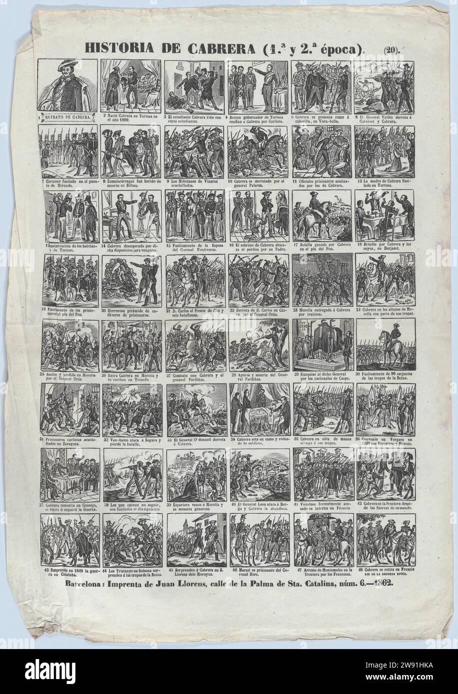 Broadside con 48 scene relative alla vita del Carlista generale di Spagna, Ramon Cabrera y Grino 1978 di Juan Llorens Foto Stock