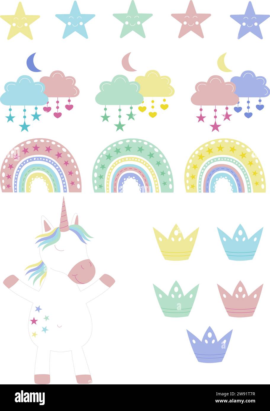 Unicorno boho con arcobaleno, nuvole, stelle, corona con sfondo trasparente. Illustrazione Vettoriale