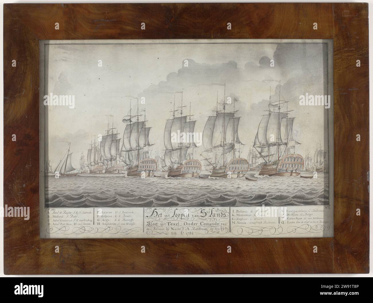 The Sailing of the Dutch Fleet from Texel (19 luglio 1781), J. Weuyster, 1783 disegno disegno con titolo calligrafico; in primo piano delle navi da l. to r. 4 con poppa in avanti, leggermente inclinate, le vele parzialmente sollevate (tre -master); r. Van ogni nave galleggia su una barca a remi, collegata alla nave. Varie navi possono essere viste sullo sfondo. Nella parte superiore dell'albero, viene applicata una lettera a ogni nave, corrispondente alla descrizione sotto il disegno. Carta dei Paesi Bassi. acquerello (vernice). inchiostro. legno (materiale vegetale). mogano (legno). Pennarello/pennello in vetro. Doggersbank Foto Stock