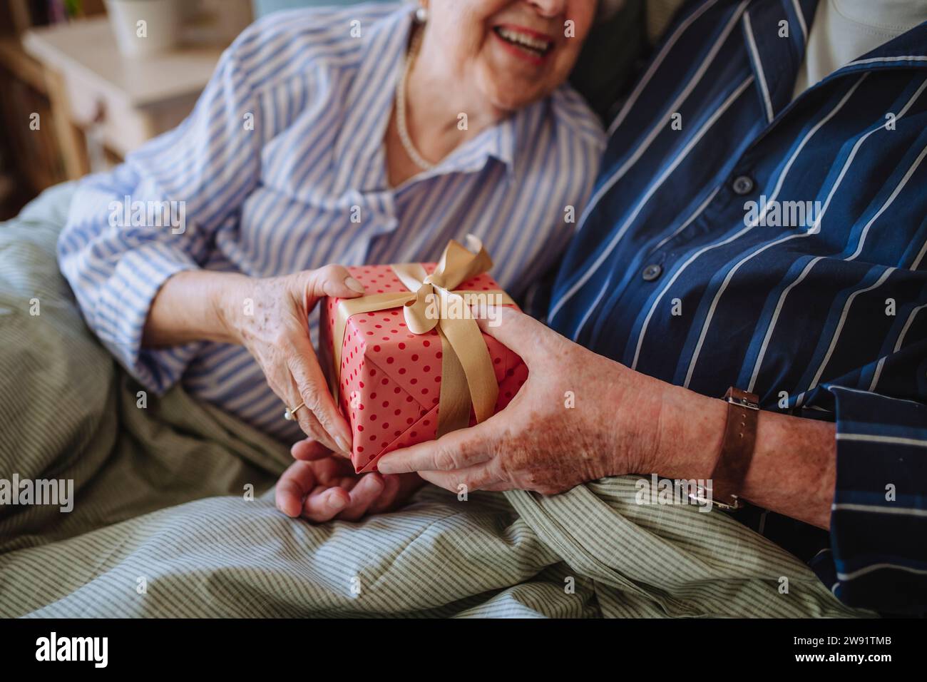 Uomo anziano che fa dono a una donna sorridente a casa Foto Stock