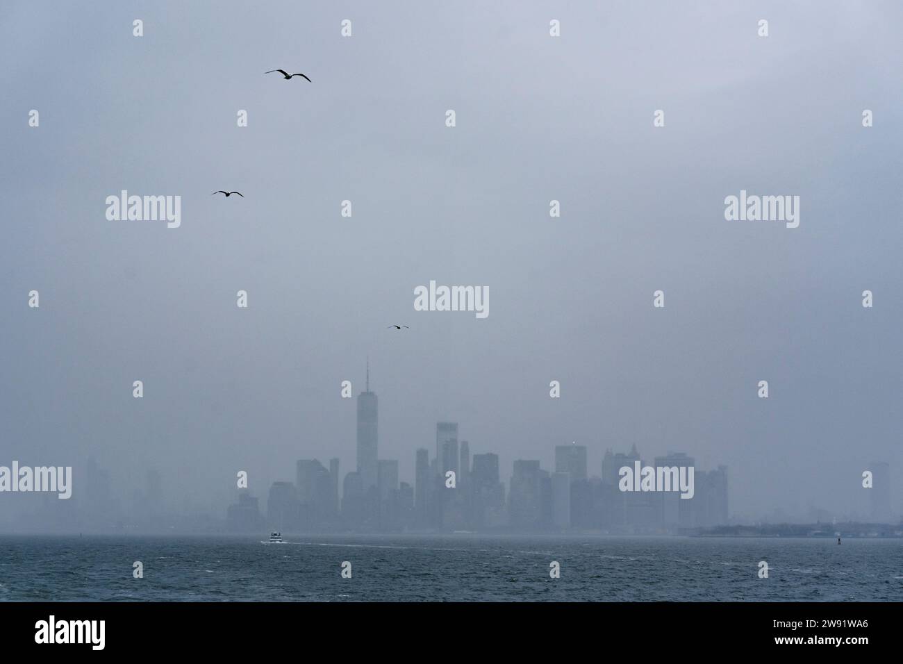 Grattacieli della città vicino al fiume Hudson sotto il cielo nebbioso di New York Foto Stock