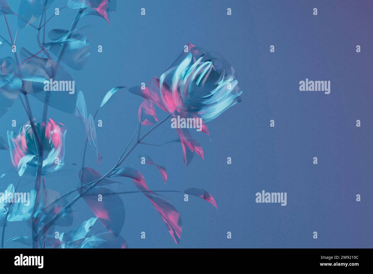 Rappresentazione 3D delle rose in fiore su sfondo blu Foto Stock