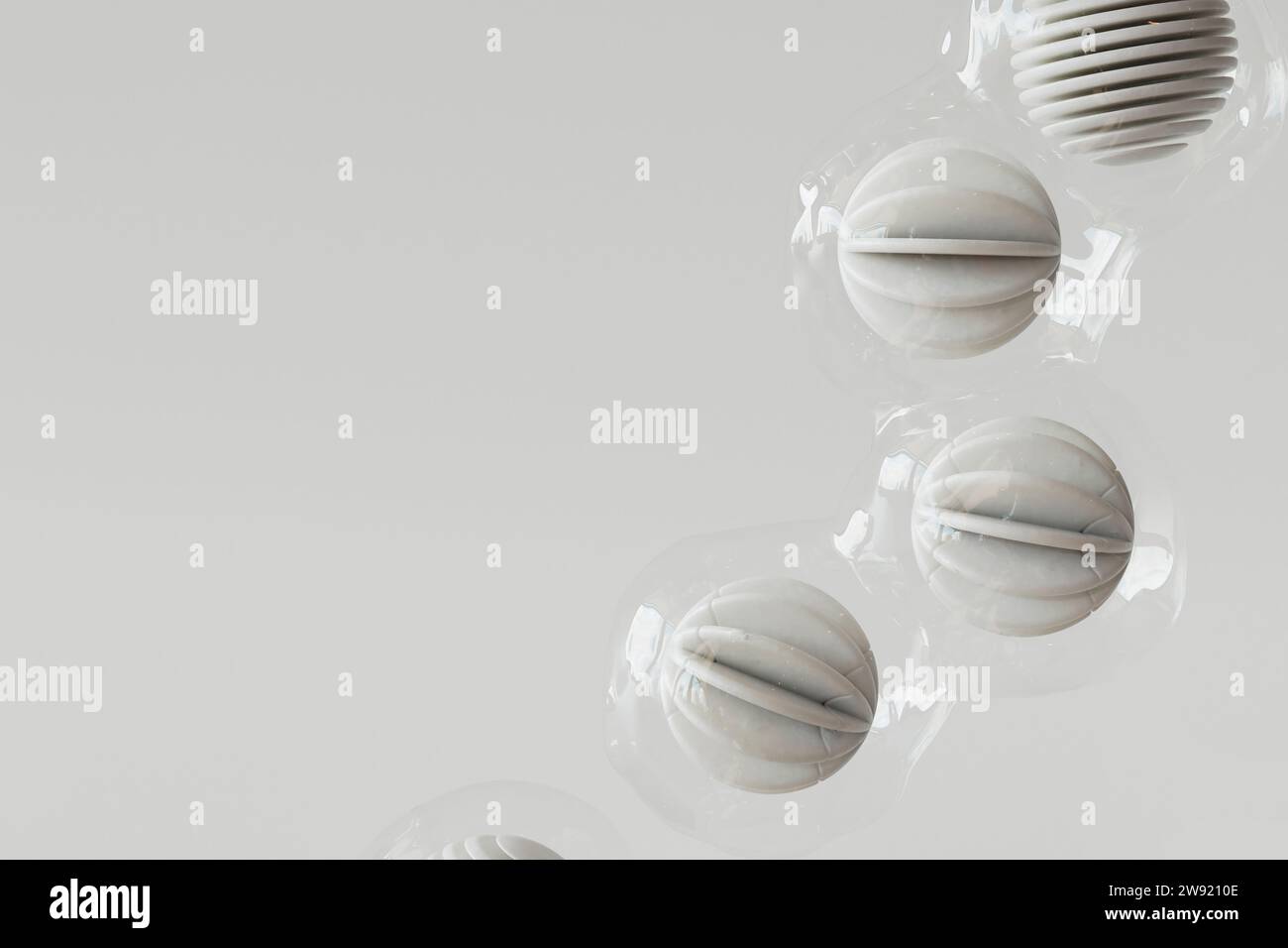 Rappresentazione 3D di una fila di sfere rivestite in plastica che galleggiano su sfondo bianco Foto Stock