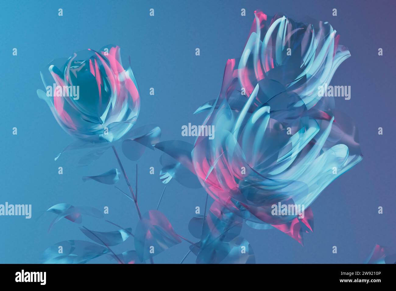 Rappresentazione 3D delle rose in fiore su sfondo blu Foto Stock