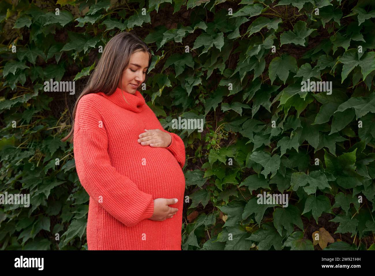 Donna incinta sorridente in piedi con le mani sullo stomaco davanti alle foglie Foto Stock