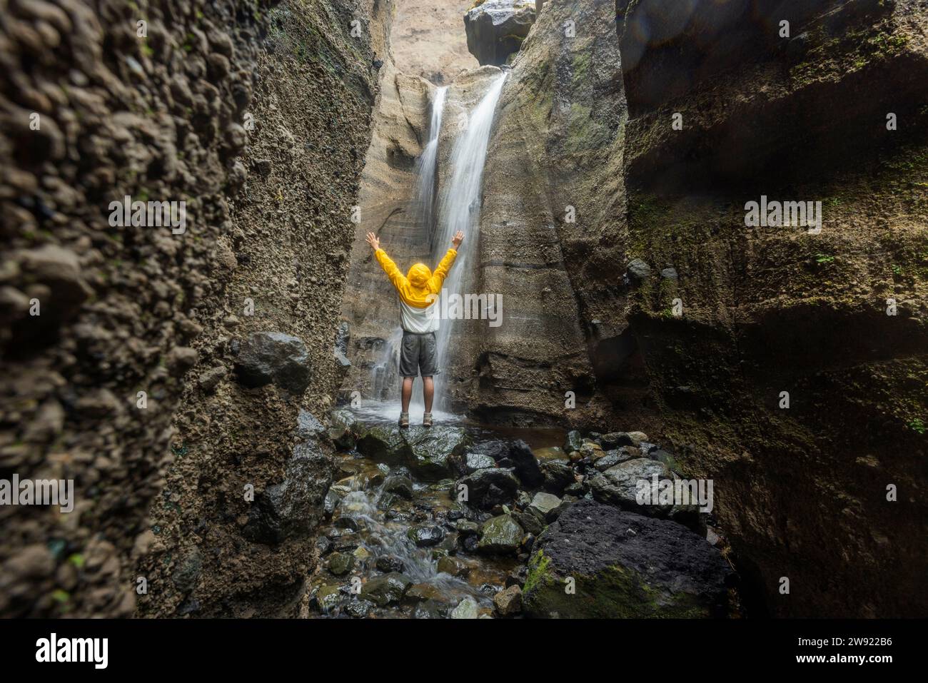Uomo spensierato in piedi con le braccia sollevate di fronte alla cascata Foto Stock