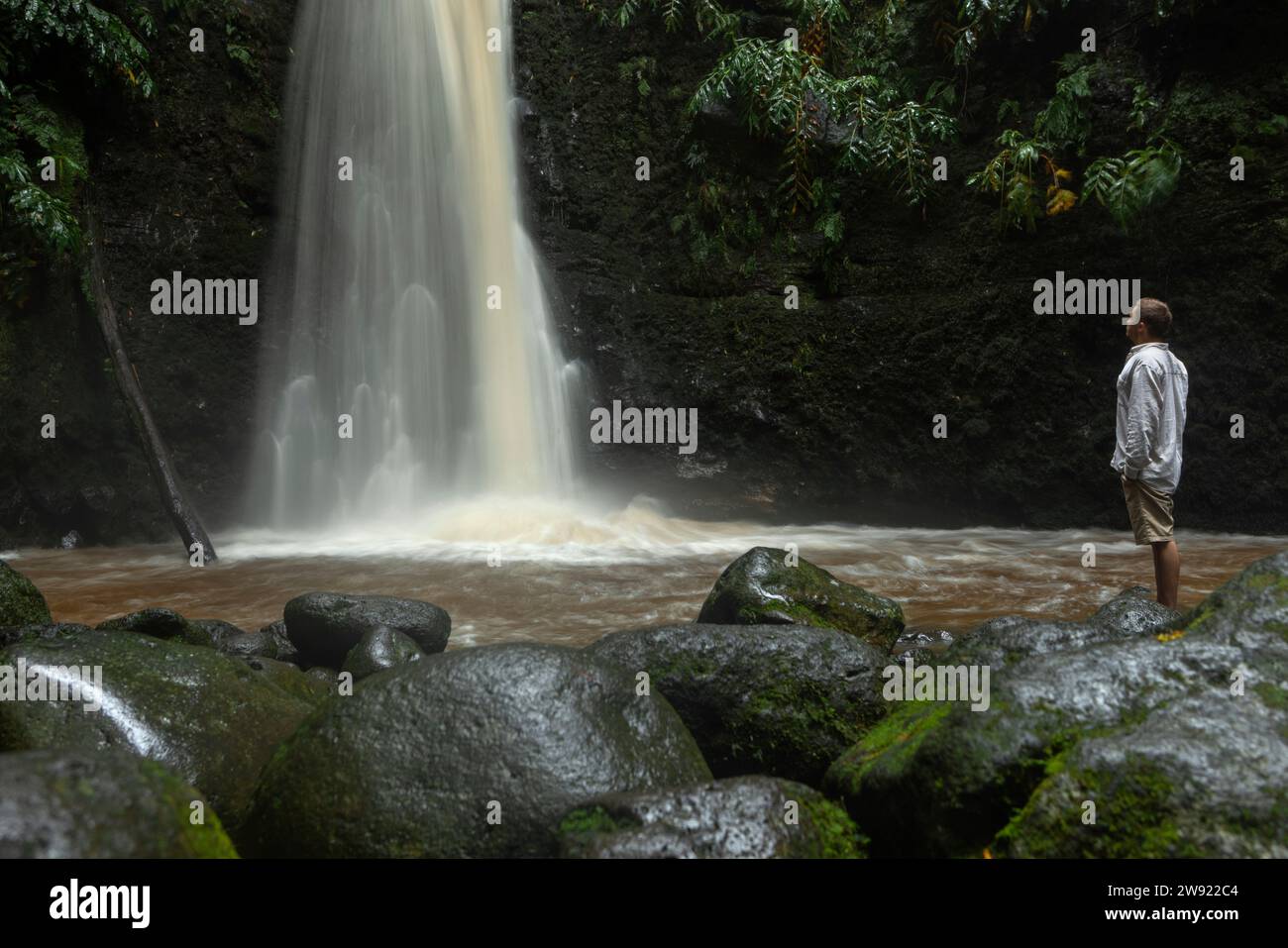Giovane uomo in piedi sulle rocce vicino alla cascata nella foresta pluviale Foto Stock