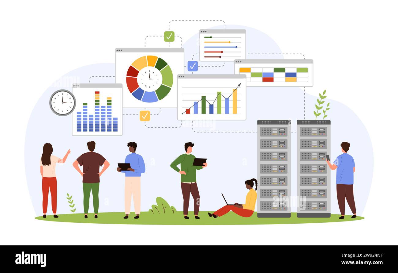 Modello di business basato sui dati, analisi e audit finanziari, processo decisionale. Le persone più piccole lavorano con le informazioni di grafici e presentazioni di report, utilizzano l'illustrazione vettoriale dei cartoni animati del database Illustrazione Vettoriale