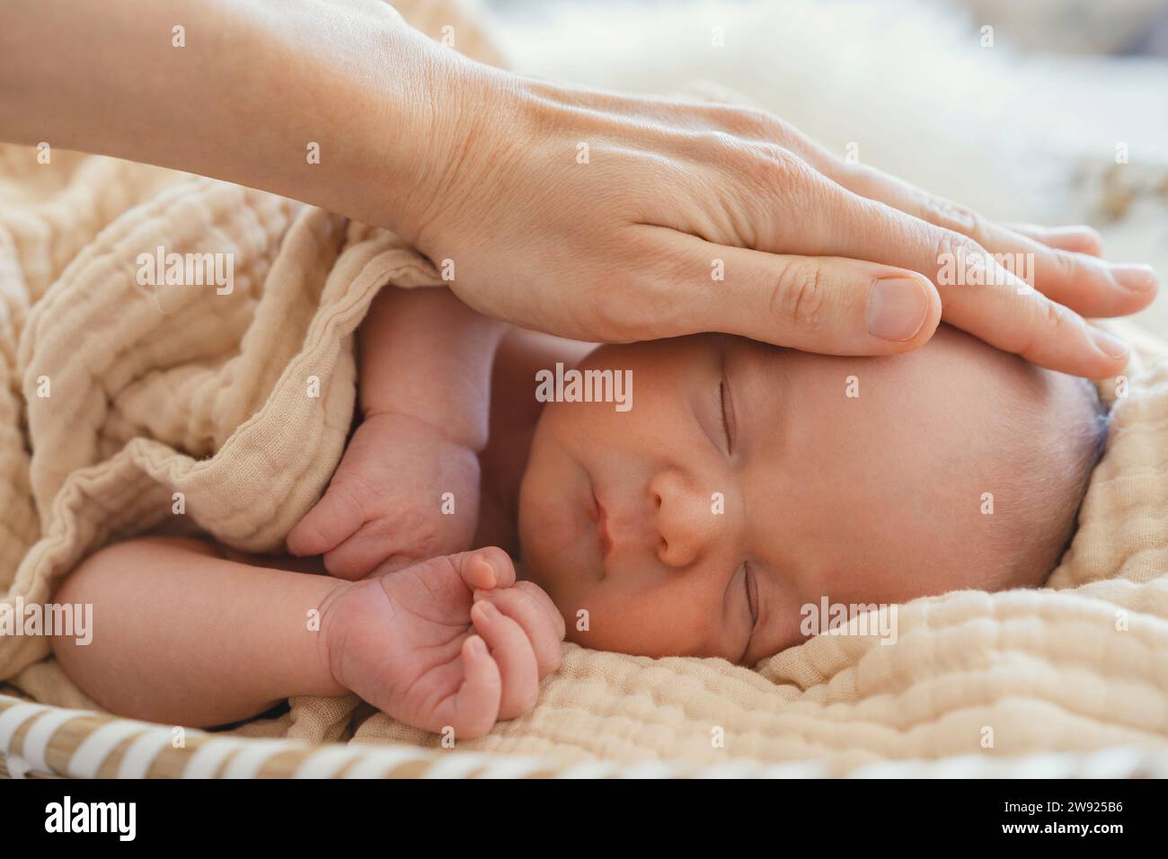 La madre amorevole tocca delicatamente il figlio neonato avvolto in una coperta Foto Stock