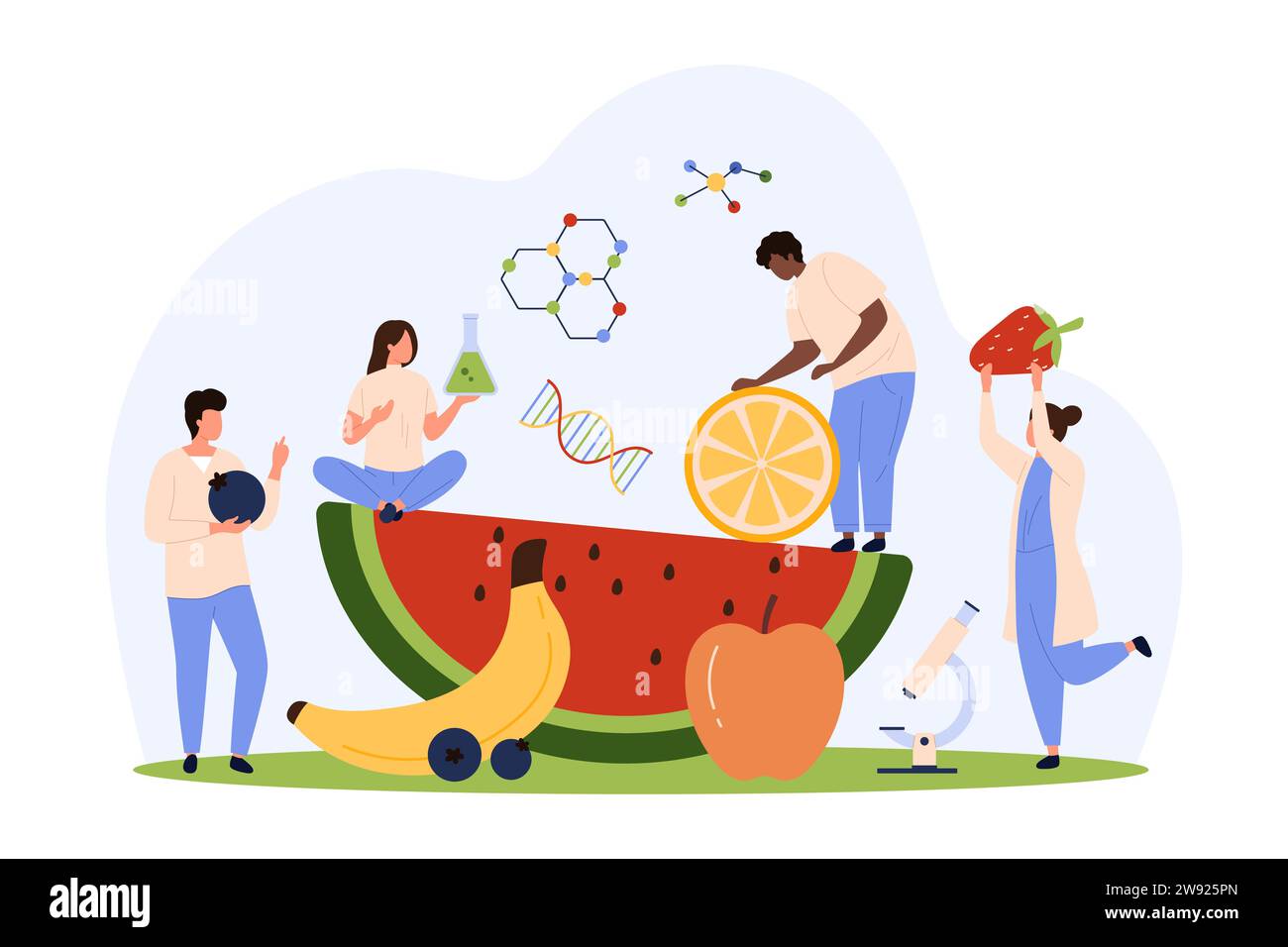 Prove di laboratorio per il controllo della qualità e della sicurezza della frutta. Le persone più piccole ricercano prodotti alimentari agricoli con microscopio, controllano gli standard nutrizionali sull'illustrazione vettoriale dei cartoni animati per ispezioni di laboratorio di qualità Illustrazione Vettoriale