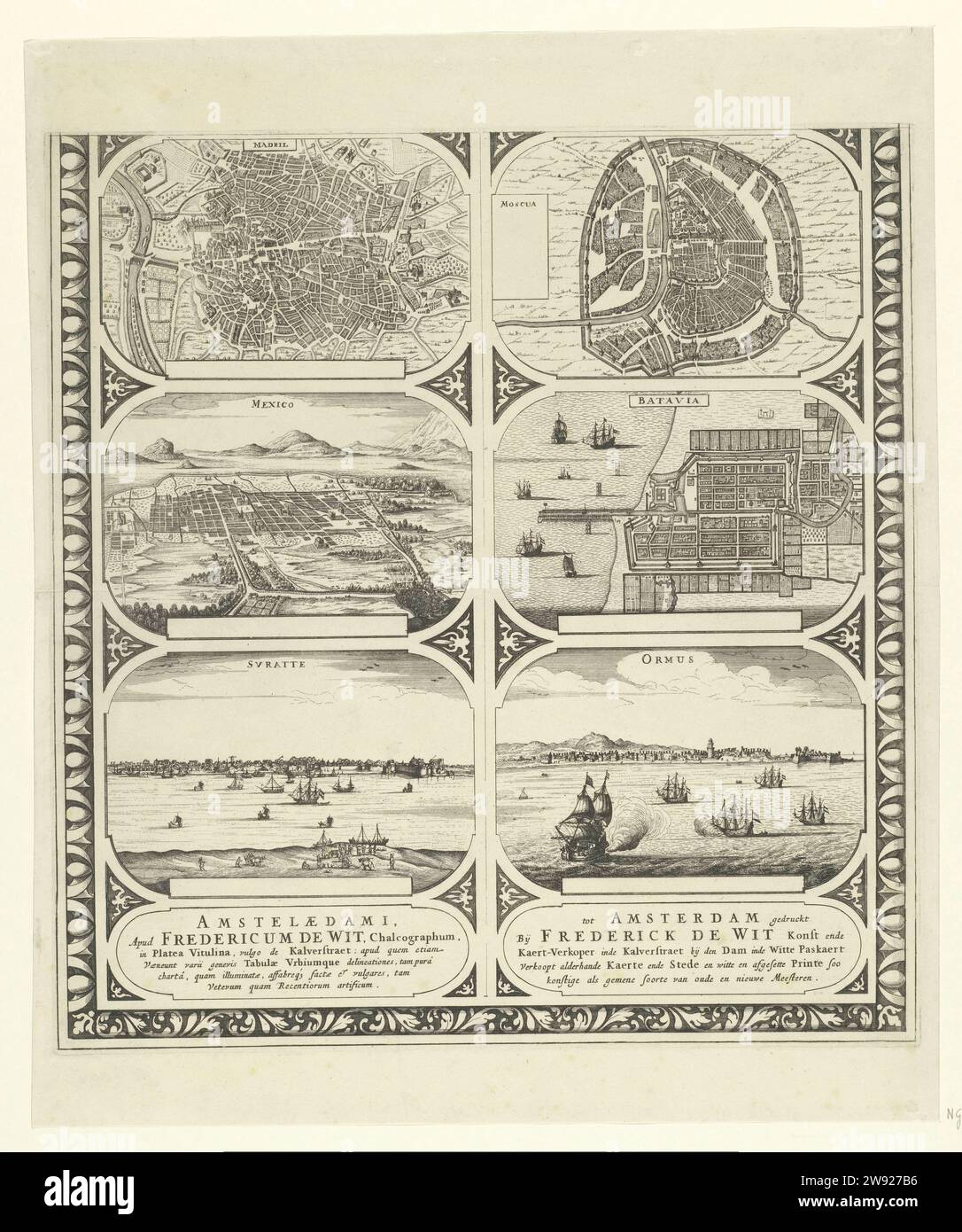 Madril / Messico / Svratte / Moscua / Batavia / Ormus, Anonimo, 1670 - Foglia stampata con due strisce verticali, ciascuna con tre planimetrie o facce sulle città di Madrid, Messico, Suratte, Mosca, Batavia e Hormoz. In fondo all'indirizzo dell'editore in lingua latina e olandese. Foglia Uncuted con sei figure di bordo destinate a rimanere in strisce come cornice per attaccare una mappa di un continente. Carta di Amsterdam per incidere le mappe delle città. Prospettiva della città, panorama della città, sagoma della città di Madrid. Batavia. Mosca. Città del Messico. Hormoz, Jazireh-Ye. Suratte Foto Stock