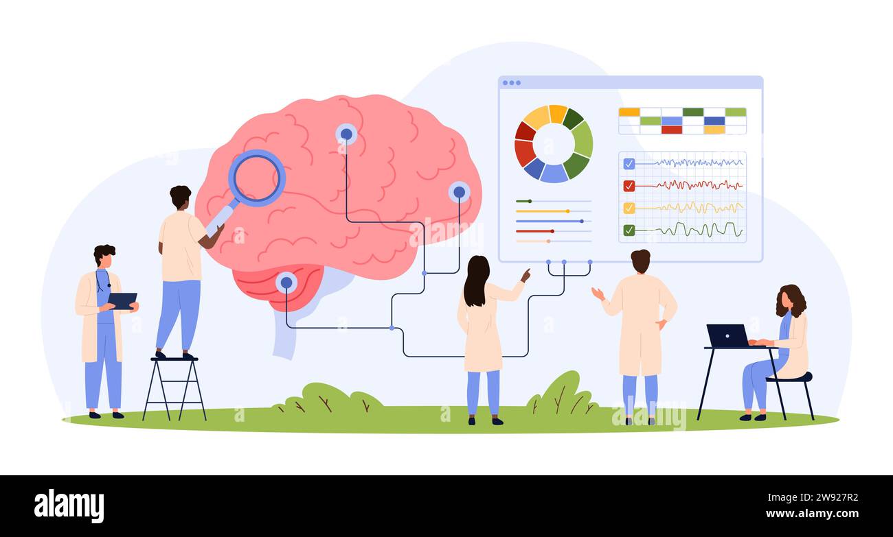 Ricerca medica del cervello con metodo elettroencefalografico, test neurologici. Le persone più piccole esaminano il cervello con cavi collegati alle apparecchiature EEG di laboratorio, illustrazioni vettoriali dei cartoni animati con lente di ingrandimento Illustrazione Vettoriale