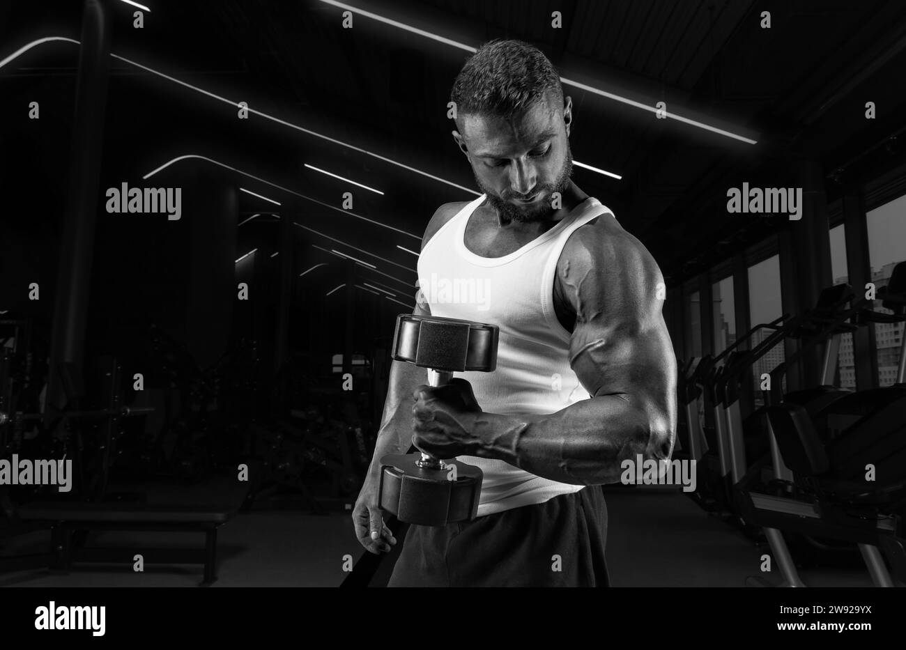 Uomo muscoloso con una t-shirt bianca lavora in palestra con manubri. Pompaggio bicipite. Concetto di fitness e bodybuilding. Supporti misti Foto Stock