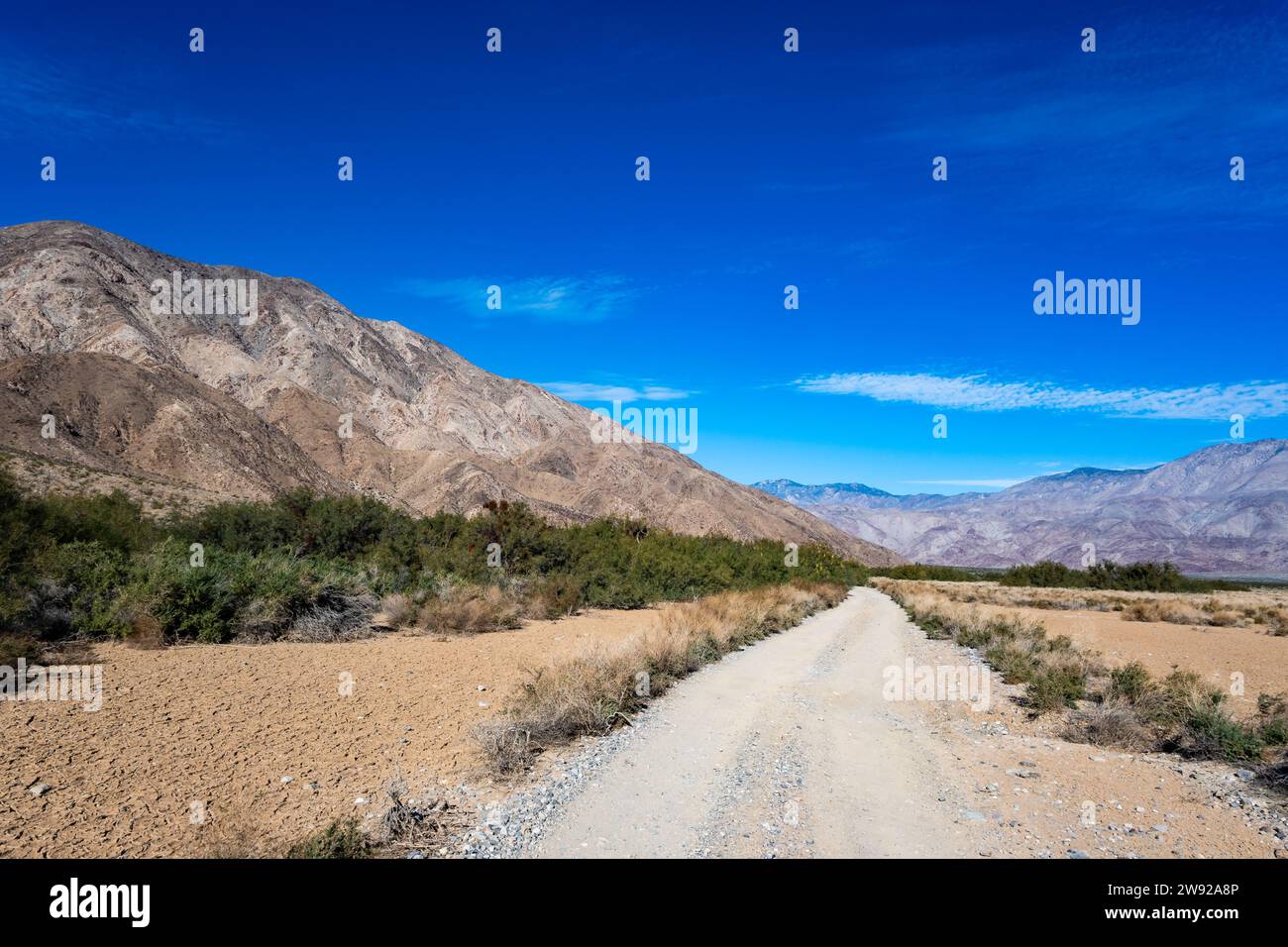 Una strada sterrata attraverso il deserto della California meridionale, Stati Uniti. Foto Stock