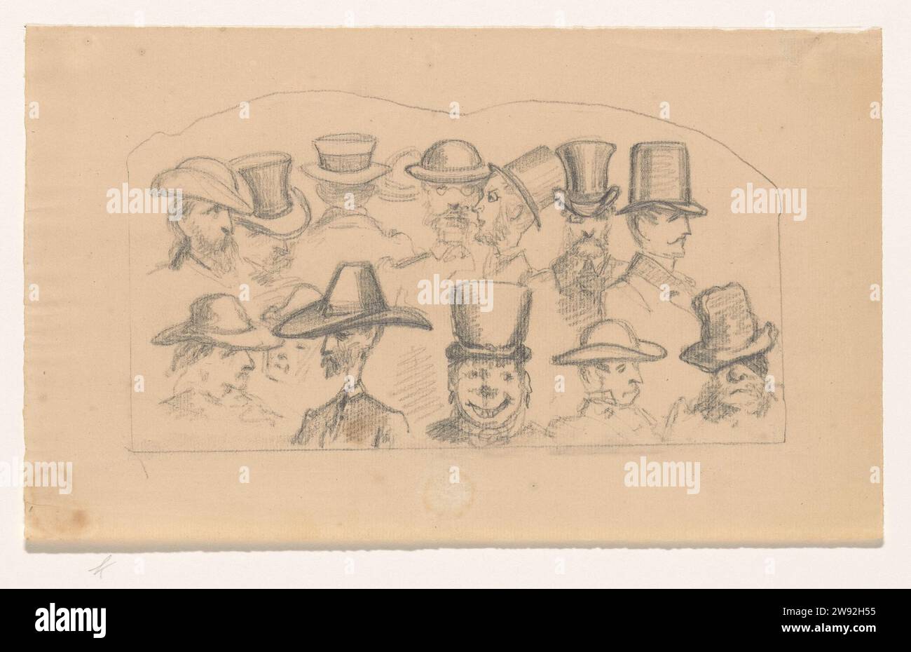 Schizzo per cartone animato con tredici teste con cappello, Johan Michaël Schmidt Crans, 1880 - 1890 rivista Drawing Sketch con uno studio preliminare per il cartone animato. Tredici teste di uomini con vari cappelli. Carta dei Paesi Bassi. personaggi storici a matita non conosciuti per nome. Caricature politiche e satire Paesi Bassi Foto Stock