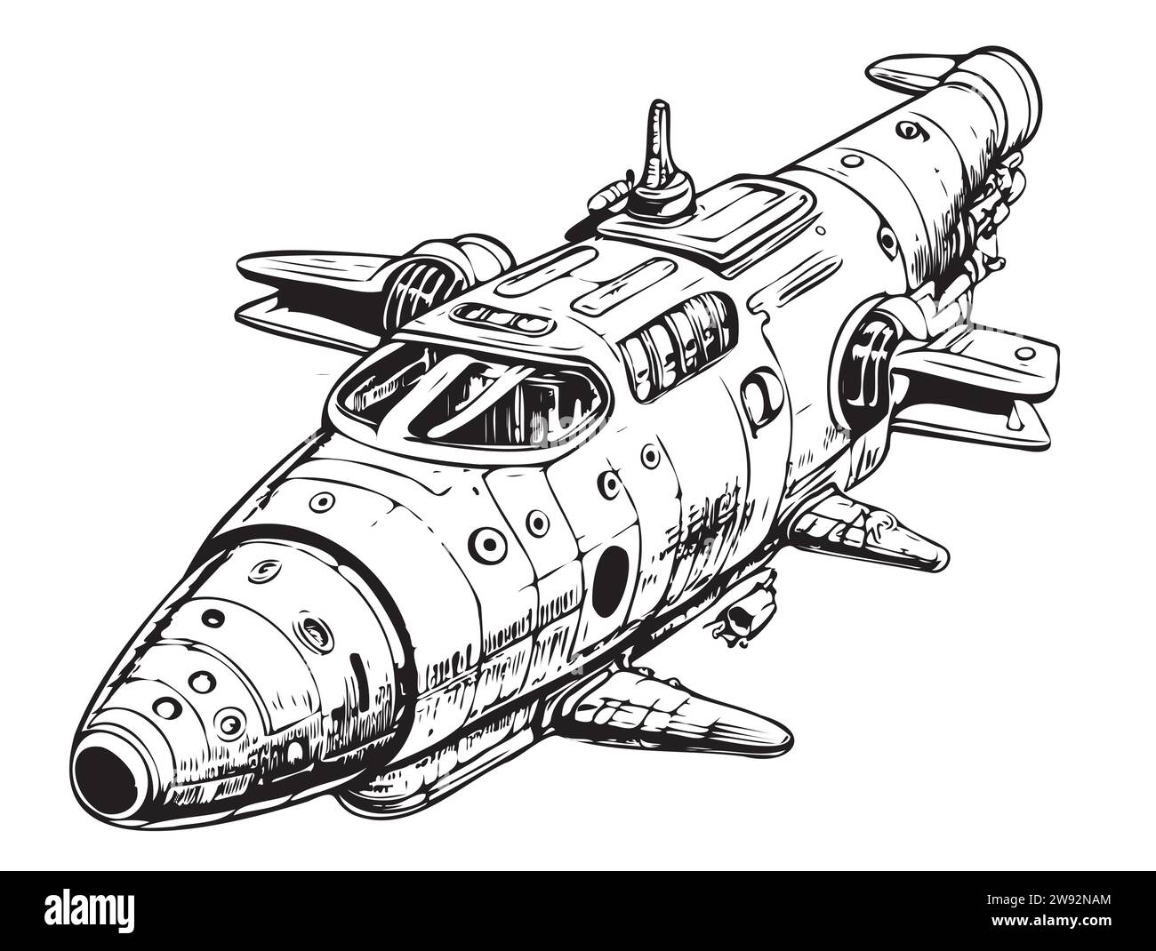 Schizzo dell'astronave in stile retrò, disegnato a mano. Illustrazione vettoriale. Fumetti Illustrazione Vettoriale