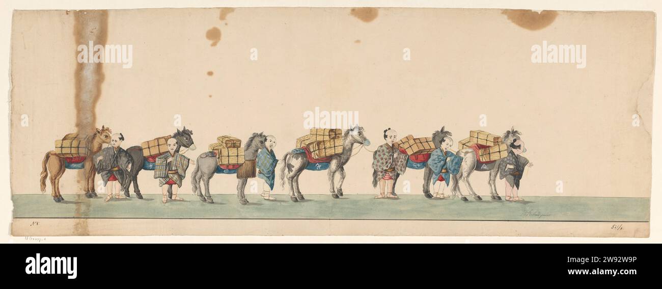 Processione di sei cavalli imballati con supervisori giapponesi, Henry Rolland de Verberie, c. 1775 disegno Processione di sei cavalli imballati con supervisori giapponesi, a destra. Parte di una serie di dieci disegni a penna con una processione di cavalli guidati da uomini giapponesi, che si spostano a destra e su due fogli a sinistra, e indossano pacchi con in parte l'emblema della Zelanda VOC. Numerato in basso a sinistra: N. 1. In basso a destra: 521/1. Carta per il Giappone (forse). inchiostro. acquerello (vernice) penna/pennello cavallo. pack-Animal Giappone Foto Stock