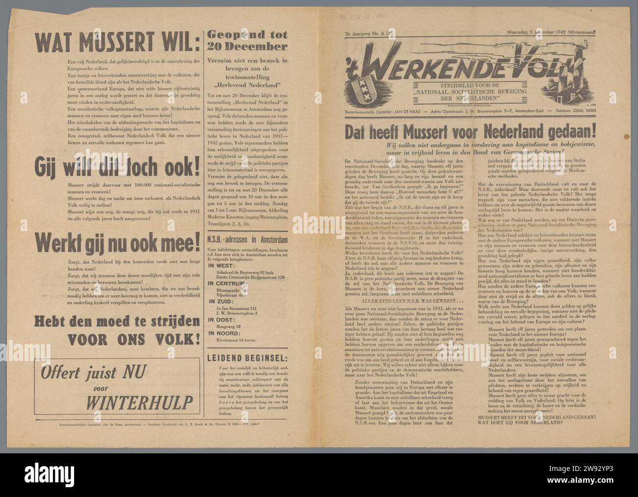 i lavoratori. Rivista Battle per il "movimento nazionalsocialista dei Paesi Bassi", Jan de Haas (Schrijver), 1942 quattro giornali, tre numeri (dall'11 novembre 1942 due volte) di 4 pp ciascuno, Voorp. In due colonne, entro pp. In tre pp. Quattro annunci pubblicitari/annunci (inclusa una mostra "Re-Life Netherlands" nel Rijksmuseum). Datato. In alto a sinistra, Wapen van Amsterdam. Iscrizione; B.: "Chiudi il palazzo di notte" Savoy "!" (2x) / 'anche i ricchi figli!' / 'Mussert l'ha fatto per i Paesi Bassi!'. Amsterdamprinter: Utrecht paper Printing Netherlands Foto Stock