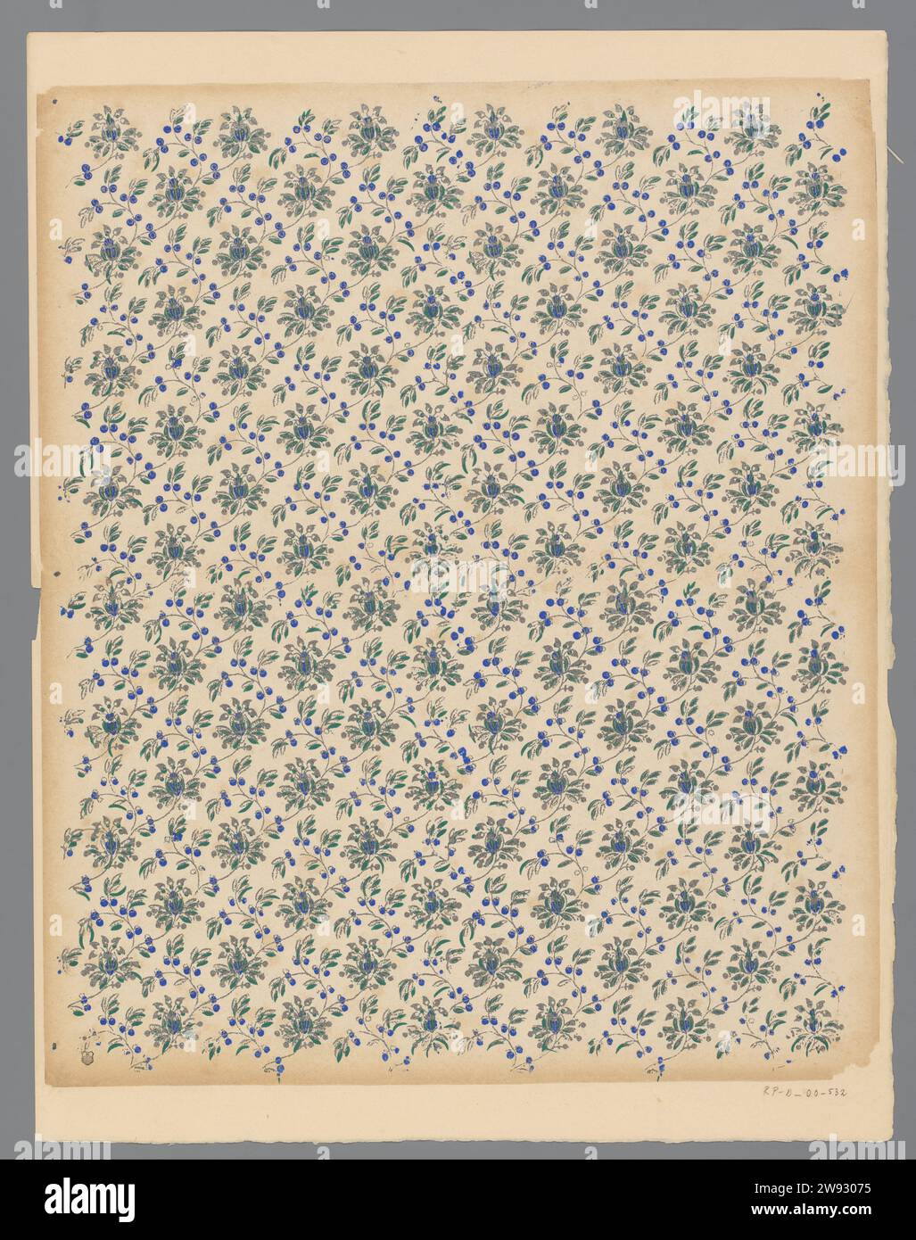 Foglia con modello di spandimento di tendine con fiori, foglie e frutti, anonimo, 1800 - 1900 Foglia con modello di spandimento di tendine con fiori, foglie e frutta. carta. ornamenti da stampa a blocchi (processo di stampa in rilievo) derivati da forme vegetali Foto Stock