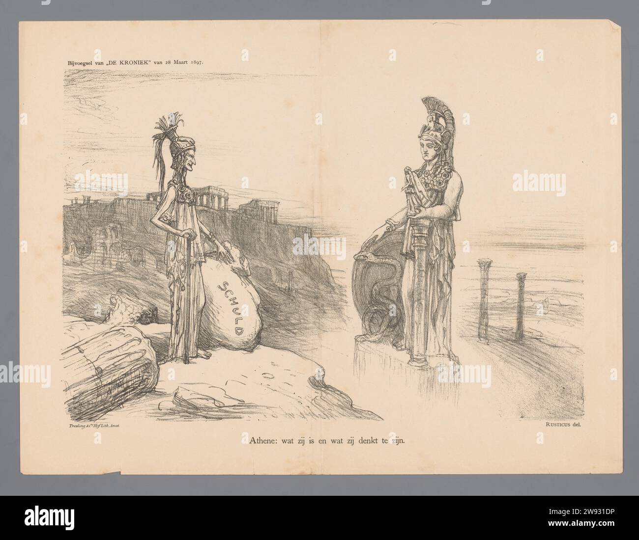 Atene: Ciò che è e ciò che pensa di essere, Marius Bauer, 1897 Cartoon nella posizione debole della Grecia nel 1897, al momento della rivolta a Creta contro i turchi. Personificazione della Grecia, lasciata come è veramente: Snella e carica di debiti, a destra come vede se stessa: Giovane e potente. Pubblicato nell'aggiunta di "De Kroniek" del 28 marzo 1897. Tipografia: Netherlandsprinter: Amsterdampublisher: Amsterdam paper caricature politiche e satire. tempio, santuario ~ religione romana. scogliera costiera o falesia. (Storia di) Minerva (Pallas, Atena). personificazioni di paesi, nazioni Foto Stock
