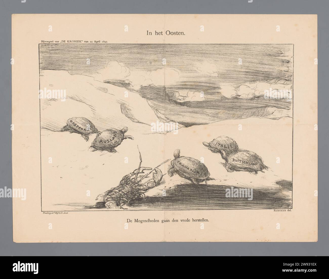 A est, Marius Bauer, 1897 Cartoon sulla restrizione dei grandi paesi europei nella guerra greco-turca del 1897. Le grandi potenze mostrate come tartarughe e l'Inghilterra come un'aragosta. Pubblicato nell'aggiunta di "De Kroniek" del 25 aprile 1897. Tipografia: Netherlandsprinter: Amsterdampublisher: Amsterdam paper Crustaceans: lobster. tartarughe, tartarughe. Caricature politiche e satira la Grecia. Turchia Foto Stock