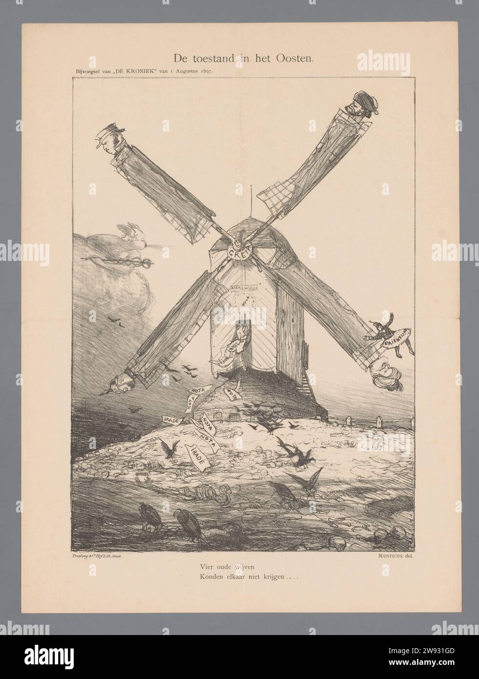 La situazione a est, Marius Bauer, 1897 Cartoon, sul lento corso dei negoziati a Creta tra i paesi di Turchia, Grecia, Inghilterra e Russia. Intributato come mulino a vento con Creta come Molena e le quattro potenze come le stoppine. In fondo a due righe da un bambino fresco. Pubblicato nell'aggiunta di "De Kroniek" del 1° agosto 1897. Tipografia: Netherlandsprinter: Amsterdampublisher: Amsterdam cartiera a vento nel paesaggio. Caricature politiche e satira la Turchia. Grecia. Creta. Russia. Inghilterra Foto Stock