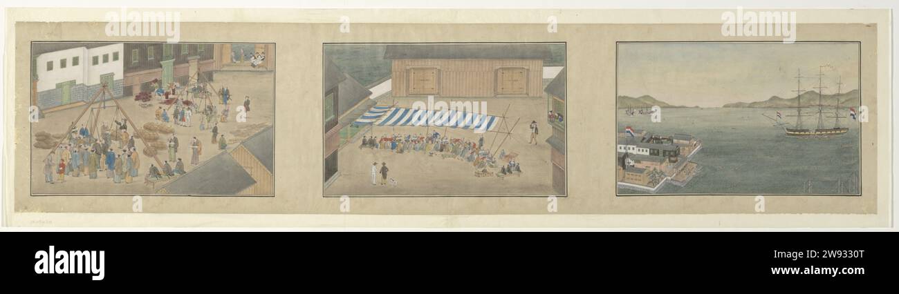 Il fattore commerciale olandese su Deshima, Kawaharan Keiga, c. 1810 rotolo appeso tre scene: Pesare merci (forse rame) su due grandi scale. Fogli da gioco sotto un tetto di tessuto a righe. La baia di Nagasaki con una parte dell'isola di Dshima sulla sinistra e una nave olandese sulla destra. Carta Nagasaki. Carta giapponese. DESHIMA inchiostro Foto Stock