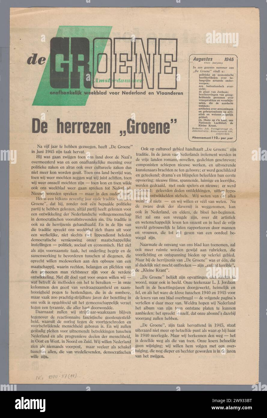 De Groene Amsterdammer, De Groene Amsterdammer, 1945 Newspaper, 4 pp, 68° volume di De Groene Amsterdammer. Data; R.B.: Agosto 1945. Iscrizione; M.: "Le ragioni" verde ". Amsterdam stampa su carta Paesi Bassi Foto Stock